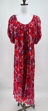 Sundry Vibrant Red Floral Woven Cotton Puff Sleeve Midi Dress Sz 2 US M